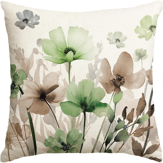 AVOIN colorlife Poppy Flowers Fall Spring Throw Pillow Cover 18x18 Inch | Chinoiserie Sage Green Brown Seasonal Leaves Cushion Case Decoration for Sofa Couch Farmhouse