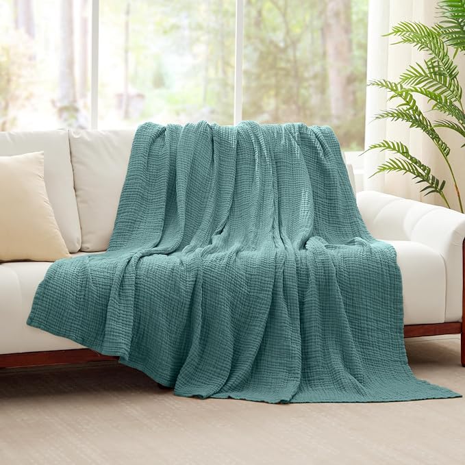 100% Cotton Muslin Blanket 50" x 60", Breathable and Lightweight Cotton Throw Blankets for Couch, Soft Cooling Summer Gauze Blanket for Adults All Season, Teal Blue