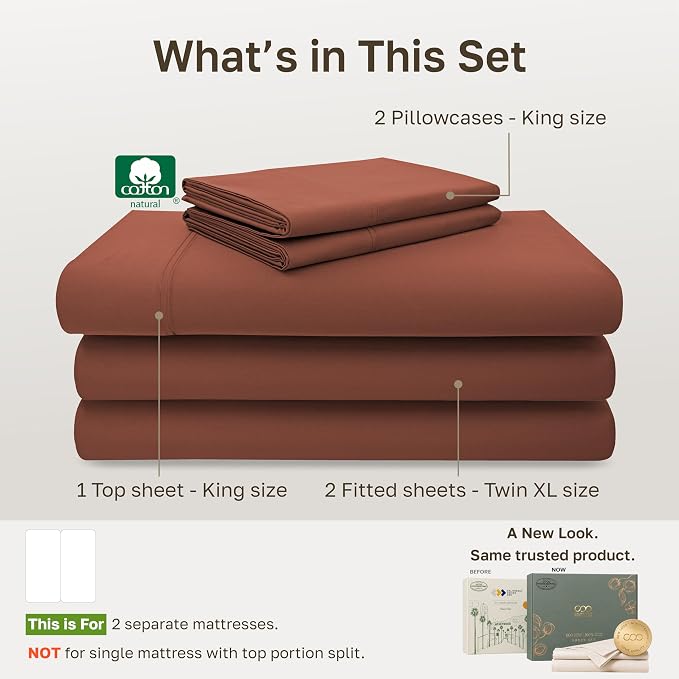 California Design Den 600 Thread Count Split King Sheet Set, 5 Pcs, Rust | 100% Cotton Sateen, Good Housekeeping Seal, Split King Sheets Sets for Adjustable Bed with 2 Separate Twin-XL Mattresses