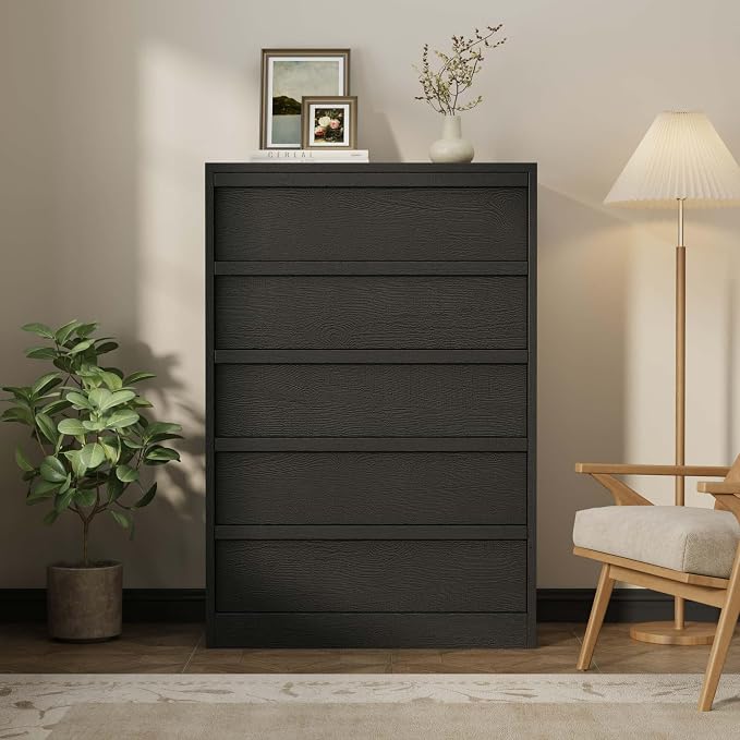 Garvee 5 Dresser for Bedroom, 43.3" Tall Dresser, Freestanding Horizontal Drawer with Storage, Wooden Closet Chest Storage for Living Room, Hallway, Entryway, Black