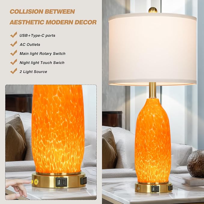 Rinweey 26" Modern Orange Glass Table Lamp Set of 2,Bedside Lamps with USB A+C Ports & AC Outlet, Nightstand Lamp with 3-Way Dimmable Touch Control Night Light for Bedroom Living Room(Bulbs Included)