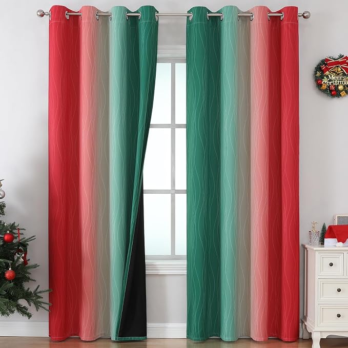 Red and Green Ombre Blackout Curtains 52Wx84L 2 Panels | Ombre Christmas Curtains for Living Room,Thermal Insulated,Room Darkening,Energy Saving,Grommet Window Drapes for Bedroom