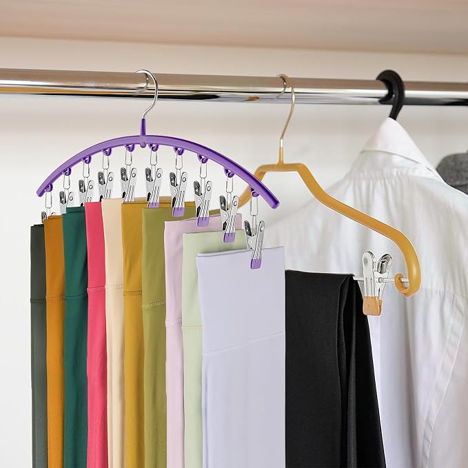Volnamal Legging Organizer for Closet,1 Pack Metal Yoga Pants Hanger-Purple | Clothes Hanger w/10 Clips Hold 10 Leggings,Space Saving Hanging Closet Organizer College Dorm Essentials Apartment Essential