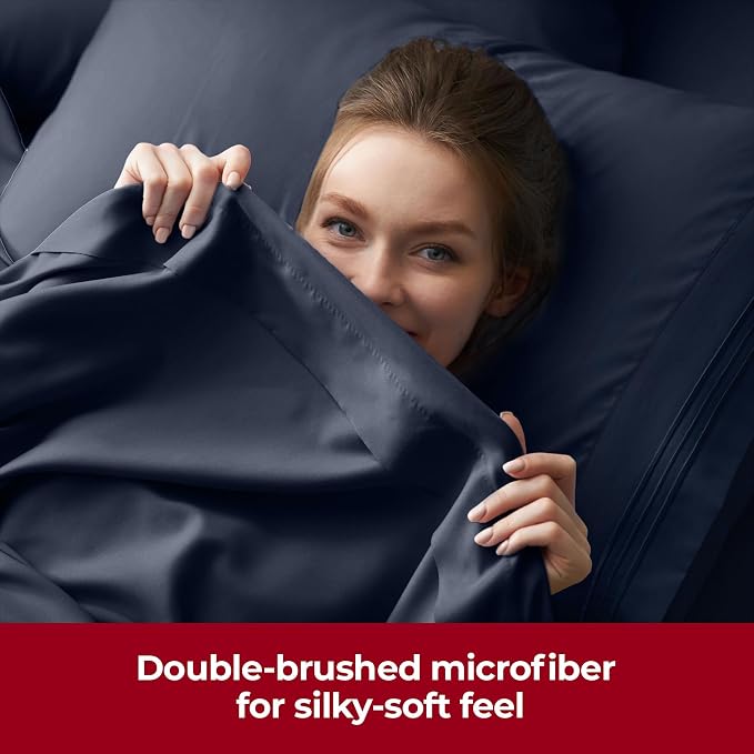Mellanni Iconic 4-Piece, Ultra Soft Sheet Set (King, Navy Blue) | 10M+ Sleepers. Lab-tested: Sleeps Cool, Stays Bright, Strong, Smooth. Good Housekeeping Best Bedding, 7 yrs running.