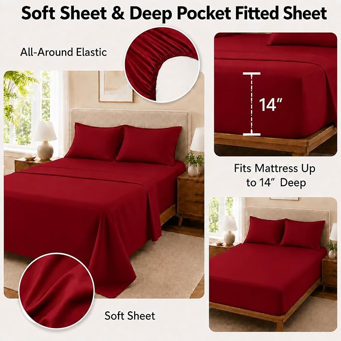 King Size Comforter Set Red - 7 Pieces Complete Bedding Set | OEKO-TEX Certified, All Season, 240GSM Down-Alternative Comforter, Sheets, Pillowcases & Shams, 14" Deep Pocket, Easy Care