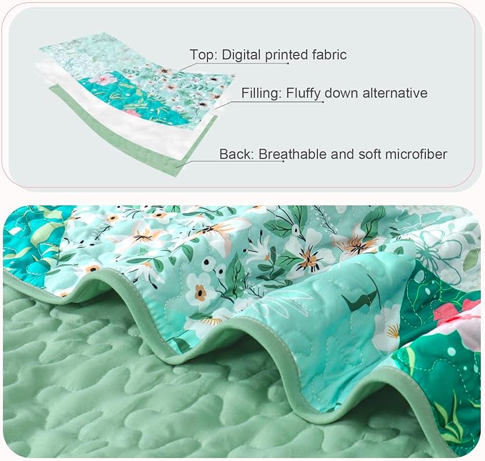 Whale Flotilla California King Size Quilt Set, Extra Soft Floral Bedspreads | Green Reversible Lightweight Oversized King Quilt Bedding Set for Bed, Printed Coverlets with 2 Pillow Shams for All Seasons