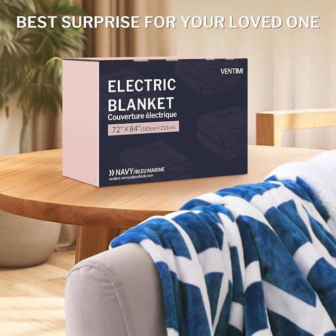 VENTIMI Heated Blanket Full, 9 Heat Levels & 2-10 Hours Auto Off, Navy | ETL & FCC, Fast Warming, 72" x 84", Flannel and Sherpa, Couch Bed Use, Machine Washable, Removable Controller