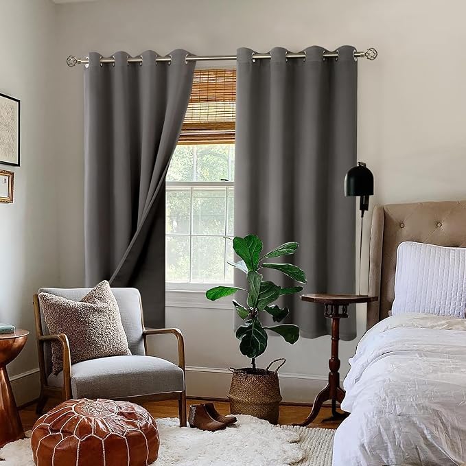 BGment Thermal Insulated 100% Blackout Curtains for Bedroom with Black Liner, Double Layer Full Room Darkening Noise Reducing Grommet Curtain (52 x 63 Inch, Grey, 2 Panels)