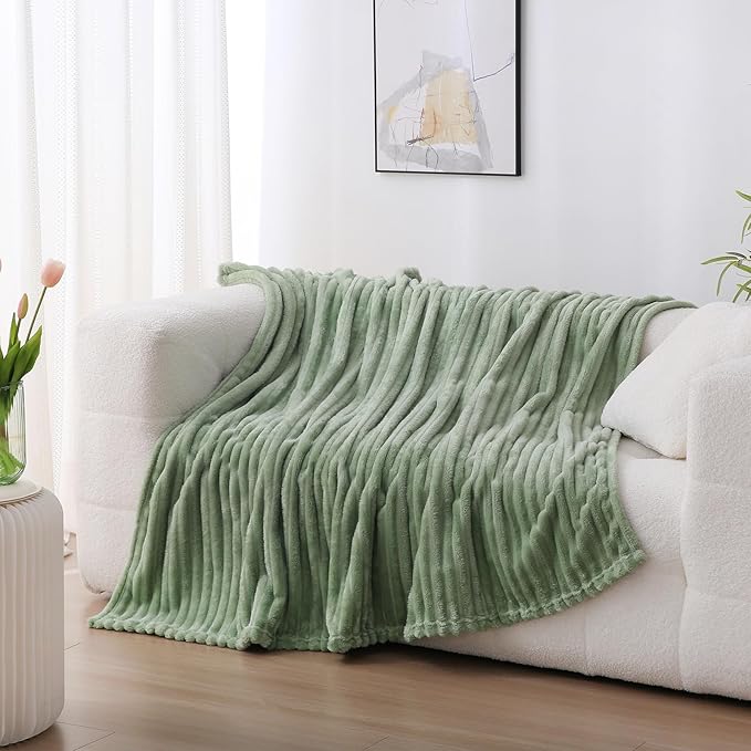 Sage Green Fleece Throw Blanket 90”×90” for Couch Sofa Livingroom | Super Soft Cozy Plush Microfiber Flannel Bed Blanket Striped Design Lightweight Home Decor Gifts for Adults Mom Women