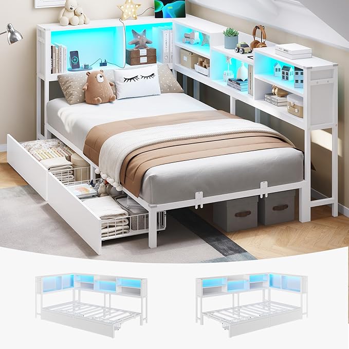 DICTAC Corner Bed Frame Twin XL with 2 Storage Drawers and Bookcase Headboard, Twin XL Corner Platform Bed with Led Lights and Charging Station,Metal Daybed with Storage for Kids,Teens & Guests,White