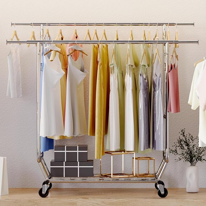 HOKEEPER Clothes Rack Heavy Duty Clothing Rack Load 650 LBS Collapsible Garment Rack with Wheels Double Rod Clothes Rack for Hanging Clothes Commercial Portable Closet Rack with Shelves 22"D*75"W*68"H | Garment Rack with Wheels Double Rod Clothes Rack ...