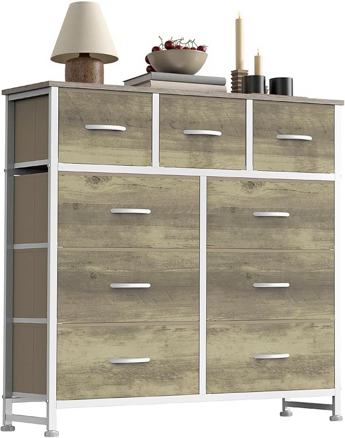 Sweetcrispy 9 Drawer Fabric Dresser Storage Tower Drawer Organizer, Oak | Sturdy Steel Frame with Wood-top, Easy-pull Handle, Space-Saving Organizer Chest for Bedroom, Closet, Lightweight and Stable
