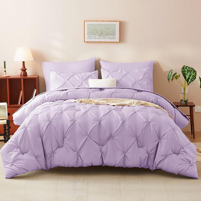 HIMEET Queen Comforter Set Lavender - 7 Pieces Pintuck Bed in a Bag | OEKO-TEX Certified, 240GSM Down Alternative Comforter, 14" Deep Pocket Fitted Sheet + Flat Sheet + 2 Pillowcases + 2 Shams