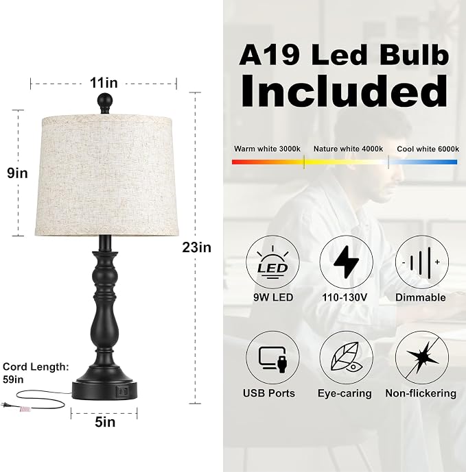 23'' Black Table Lamps Set of 2, Lamps for Bedroom, USB C+A Ports | Bedside Lamps with 3 Color Temperatures, Knob Switch, Lamps for Living Room, Office, Night Stands, End Table, Bulbs Included