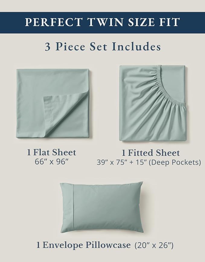 LANE LINEN Twin Bed Sheet Set 100% Organic Cotton Percale 3pc - French Blue | GOTS Certified Organic Cotton Percale Twin Sheet Set - For Hot Sleepers, All-Season Comfort, For Dorm & Guest Rooms