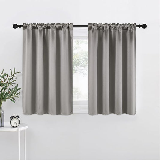 NICETOWN Chrome Gray Room Darkening Curtains for Cafe 42" x 36" 2 Panels | Satin Curtains for Small Windows Rod Pocket Privacy Drapes for Laundry Room Living Room Kitchen Bedroom, Light Blocking Decor