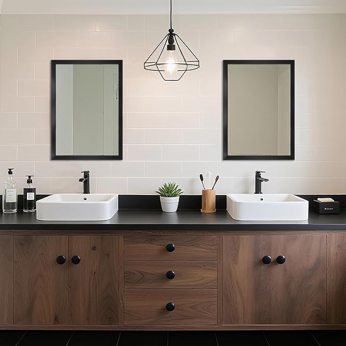 Rectangular Wall Mirror 28x20 Inch Bathroom Mirror for Over Sink, Black | Decorative Wall Mounted Mirror, Hangs Horizontally or Vertically for Vanity, Entryway, Restroom