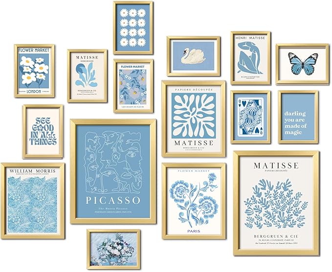 16 PCS Blue Wall Art Decor, Matisse Gallery Wall Prints for Bedroom, Light blue posters for Room Aesthetic, Collage Kit Pictures for Living Room, Teen Girls Dorm Home Artwork