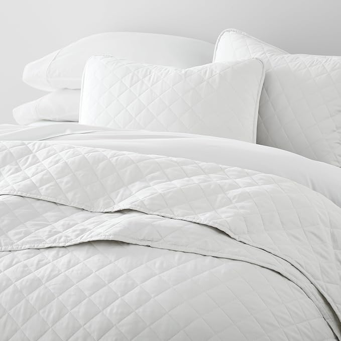 Merit Linens Modern Quilt Coverlet Soft Set in Diamond Stitching - King/Cal-King White