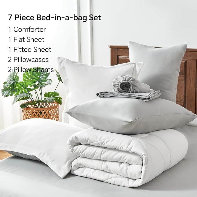 BEDELITE Cal King Comforter Set 7 Pieces, Reversible White Bed in A Bag | Soft All Season Down-Alternative Comforter, Sheets, Pillowcases & Shams, OEKO-TEX Certified Bedding for Bedrrom, Guest Room