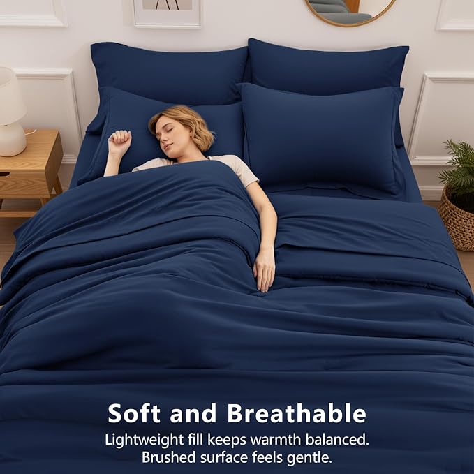 HIMEET Oversized King Comforter Sets, 7-Piece Point-Quilted, Navy Blue | OEKO-TEX Certified, Lightweight 240 GSM Comforter, Flat Sheet, 14-Inch Deep-Pocket Fitted Sheet, Pillowcases & Shams