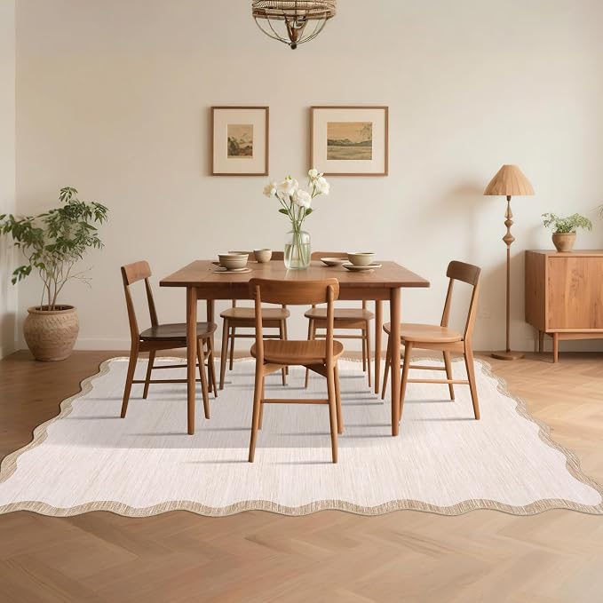 GarveeHome Scalloped Washable 10x13 Area Rug for Bedroom Non Slip, Beige | Farmhouse Living Room Rug Non Slip Large Area Rug Low Pile Throw Rugs Stain Resistant Carpet for Dining Room