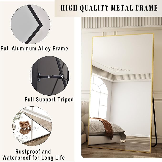 BEAUTYPEAK 76"x34" Rectangle Full Body Floor Mirrors, Full Length Mirror | Hanging or Leaning, Aluminum Alloy Frame Wall Mirror for Bedroom, Dressing Room, Gold