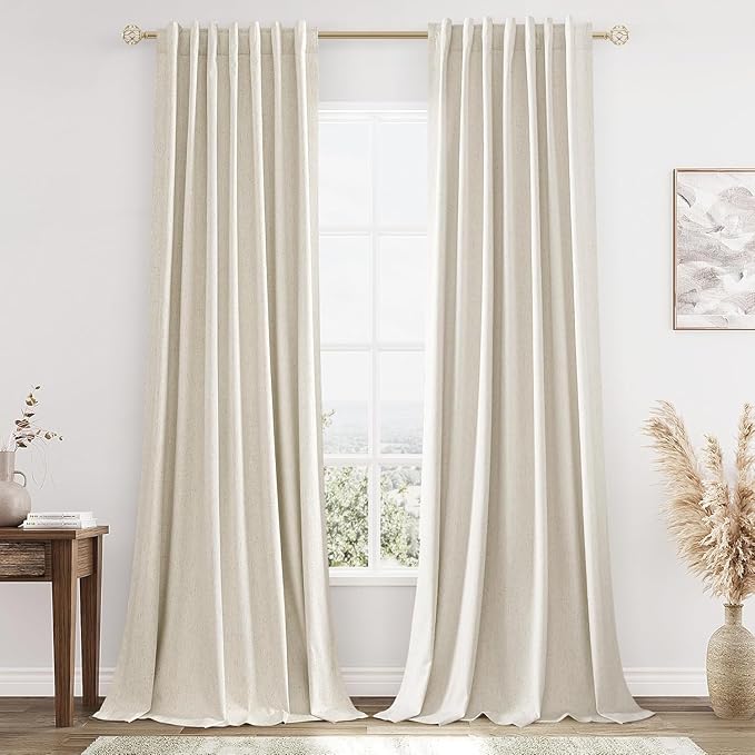 100% Blackout Linen Curtains 84 Inch Length 2 Panels Set for Living Room Bedroom Back Tab Thermal Insulated Black Out Drapes Room Darkening Farmhouse Style for Bedroom Window Curtains 52x84
