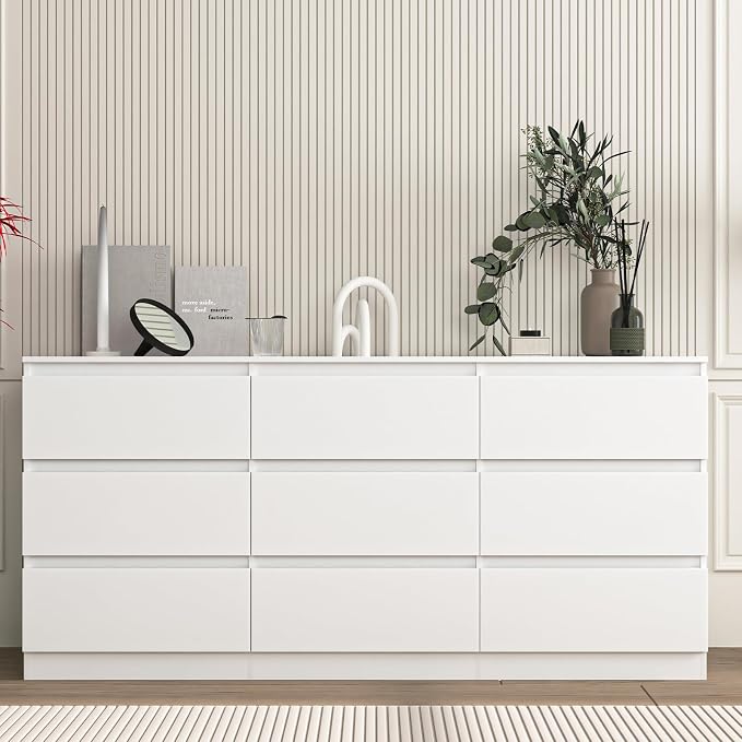 Vibe & Dine White Dresser 9 Drawer, Modern Long Dresser for Bedroom, Wood Chest of Drawers with Wide Storage for Living Room