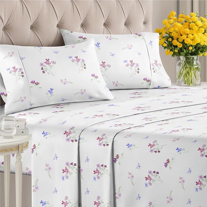 King 4 Piece Boho Botanical Floral Sheet Set - Breathable & Cooling - Posy | 1 Flat, 1 Fitted & 2 Pillowcases w/ Deep Pockets, Boho Botanical Floral Bedding, Breathable & Cooling, Wrinkle & Fade Free