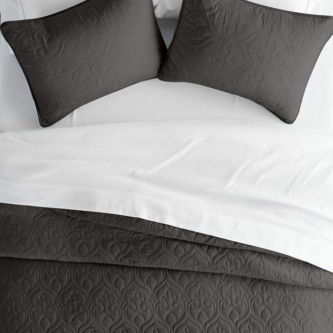 Merit Linens Classic Quilt Coverlet Soft Set in Damask Stitching - King/Cal-King Gray