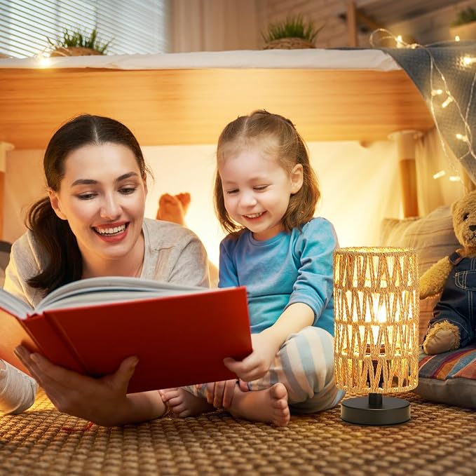 Table Lamps (Rattan Rope Shade - Black Base, 9" Inline Control) | 3000K LED Blub Included | 680 Lumens | Easy Assembly | Minimalist Design | E26 | for Kitchen | for Kids Room