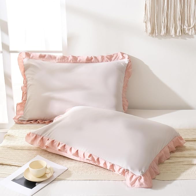 Merryword Pink Pillow Shams Beige and Pink Reversible Queen Pillowcases Cute Pillow Cover Set of 2 Soft Shabby Chic Ruffled Pillowcases 2 Pack (Queen (20''x30''), Beige Pink)
