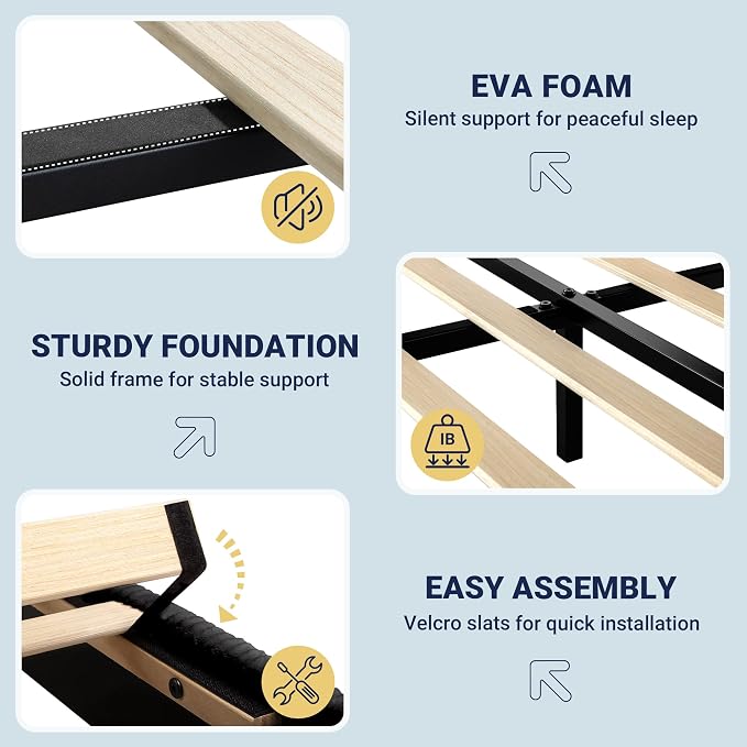 Allewie Queen Bed Frame, Adjustable Corduroy Headboard, Platform, Black | Adjustable Headboard, Corduroy Fabric, Low Profile, Wooden Slats, 900 lb Capacity, No Box Spring Needed