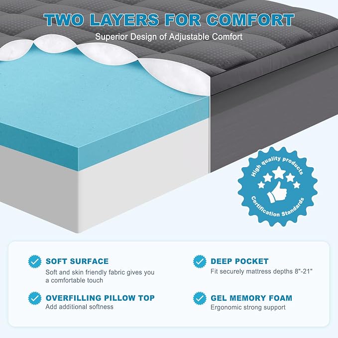 MASVIS Twin XL Size Dual Layer 4 Inch Memory Foam Mattress Topper, 2 Inch Gel Memory Foam and 2 Inch Cooling Pillow Top Mattress Pad Cover for Back Pain, Medium Support,Gray