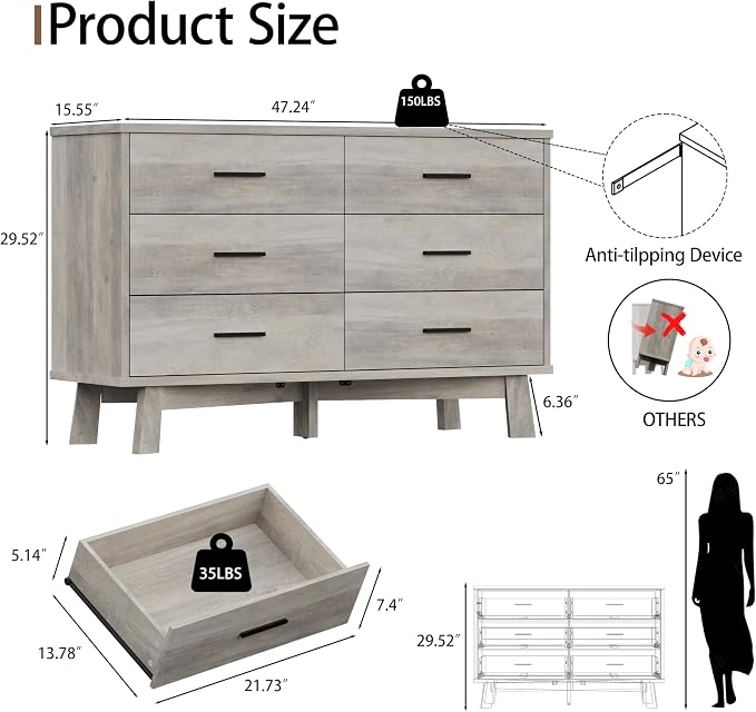 Xixini Dresser for Bedroom, 6 Drawer Wide Modern Chest of Drawers with X-Shaped Sturdy Base, Wood Double Dresser Closet Clothes Storage Organizer, Wooden TV Stand for Living Room, Hallway, Grey
