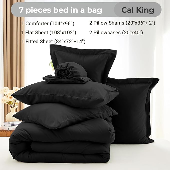 7 Pieces California King Comforter Set, Soft Bed in a Bag Cal King Size, All Season Bedding Set with Comforter, Flat Sheet, Fitted Sheet, Pillowcases & Shams, Black