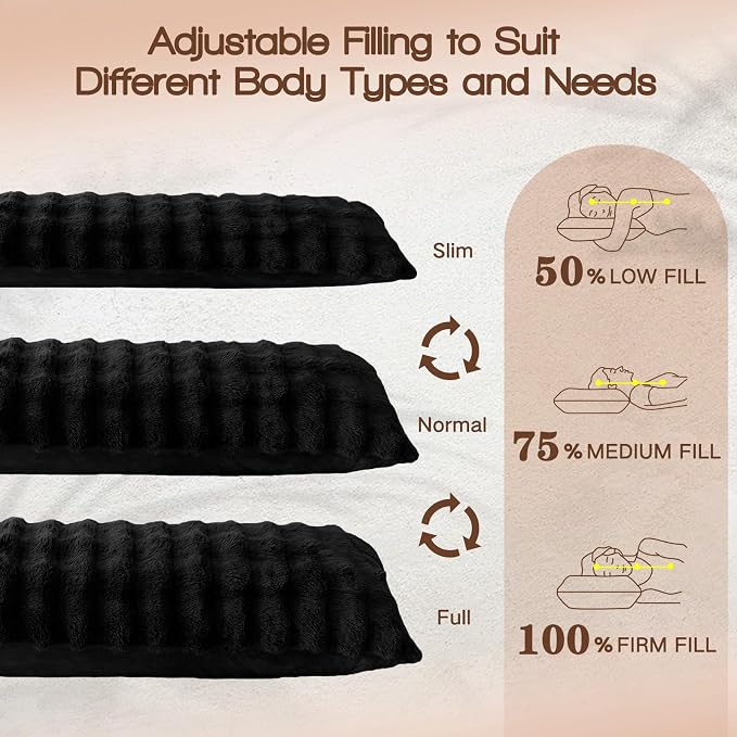 YZ HOME Faux Fur Fluffy Body Pillow for Adults, Soft Support | Firm Body Pillow, Adjustable Support for Side Sleeping, Pregnant Women, Washable cover,Gifts, 20x54 Inch (Black)