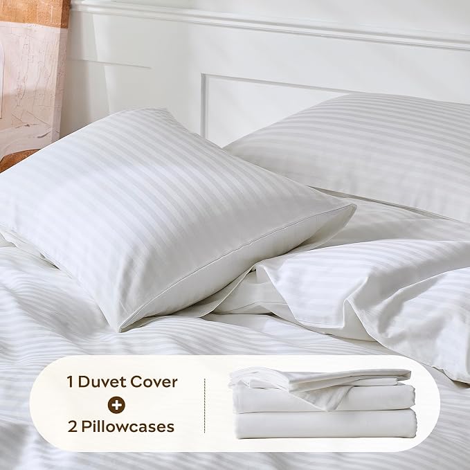 JELLYMONI 100% Cotton Sateen Striped Full Duvet Cover Set, White | Breathable Softness, Oeko-Tex Certified, Classic Stripes, 8 Corner Ties & Double Hidden Zipper