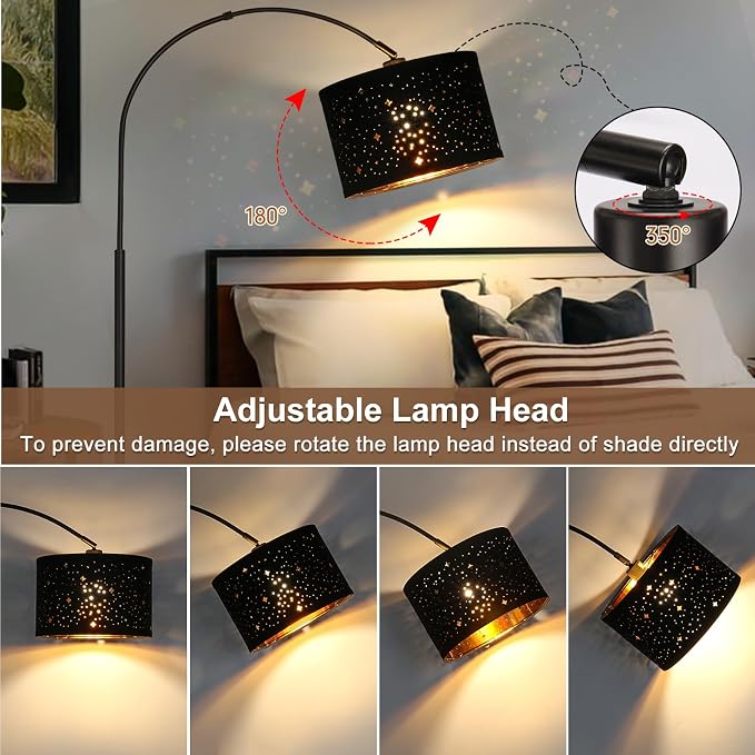 Modern Arc Floor Lamp, Tall Pole Lamp with Black Stars Lampshade | Arched Reading Light with Adjustable Lamp Head and Pedal Switch, Over Couch Hanging Light for Living Room, Bedroom, Office