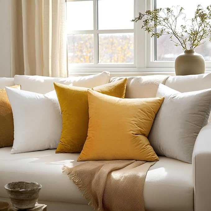 MIULEE Velvet Throw Pillow Covers 16x16 Inch Pack of 2 Mustard Yellow | Soft Solid Small Decorative Pillow Covers, Modern Luxury Home Decor, for Couch Chair Sofa Bedroom Livingroom Car