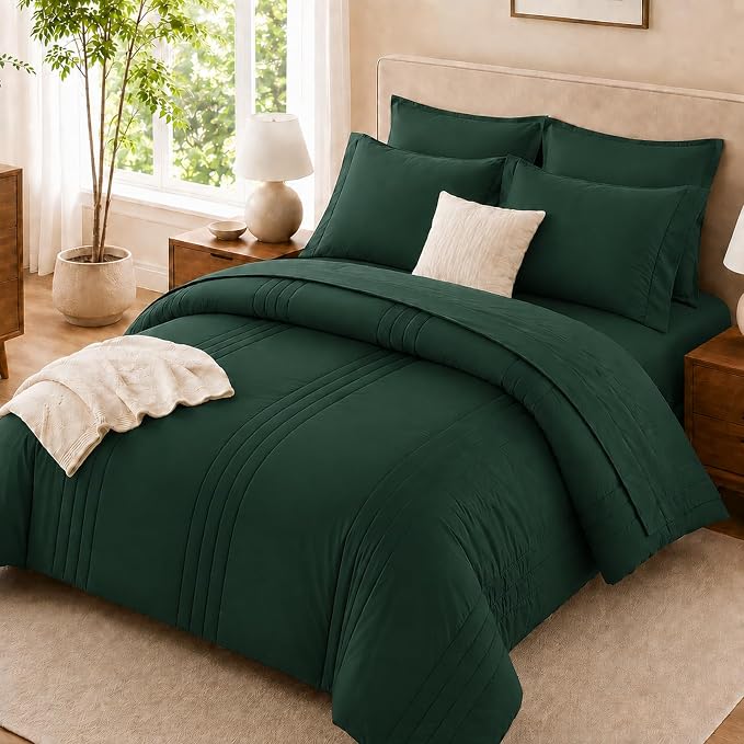 Twin Comforter Set Emerald Green - Bed in a Bag Twin Size 5 Pieces, Soft Bedding Set for All Seasons, Premium College Dorm Comforter Set with Comforter, 1 Sheet, 1 Pillowcase & 1 Sham
