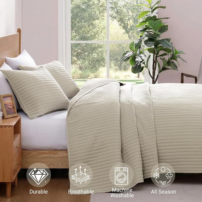 Queen Quilt Lightweight Bedspreads Oatmeal Queen Size Quilt Bedding Set | Soft Neutral Coverlet with 2 Pillow Shams for All Seasons, Suitable for Bed, Couch, 3 Pieces, 90"x94"