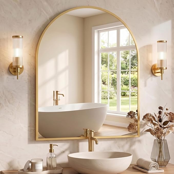 NEWBULIG 32"X30" Arched Bathroom Mirror for Over Sink, Wall Vanity Mirror | Tempered Glass, Anti-Rust Arched Metal Framed, Hanging or Leaning, Farmhouse Home Decor, Gold