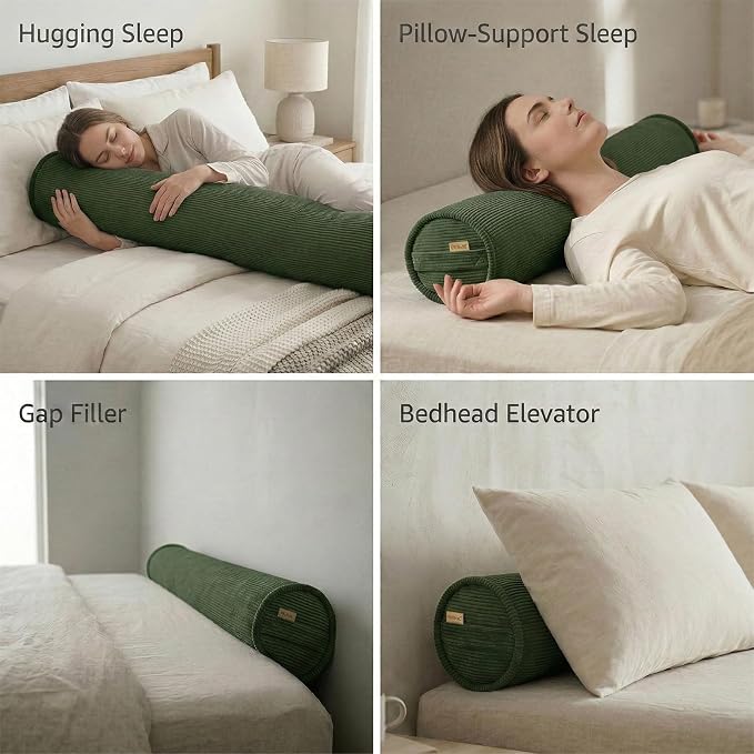 Long Pillow for Bed – Corduroy Round Bolster Pillow for Adults, Decorative Body Pillow for Sleeping or Sofa Support,59 x 7.87 Inches,Avocado Green