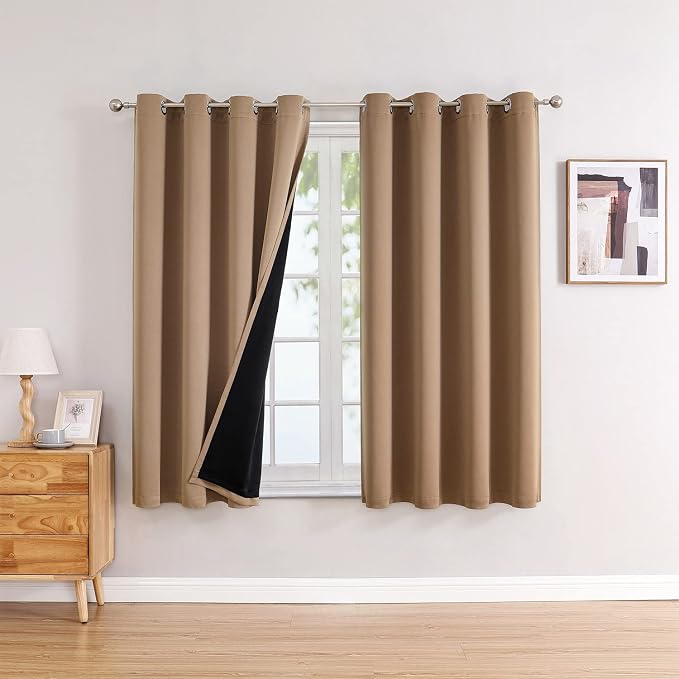 ChrisDowa 100% Blackout Curtains for Bedroom 63 Inches Long 2 Panels Set | 2 Thick Layers, Thermal Insulated, Light Blocking, Grommet, Window Treatment, Living Room Drapes, Cappuccino, 52 x 63 Inch