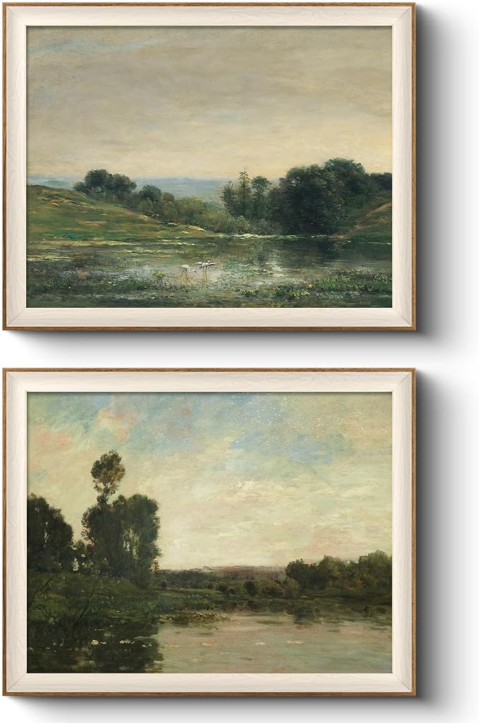 VIYYIEA Framed Vintage Landscape Wall Art Set of 2, Classical Nature Scene Canvas Painting Print, Rustic Home Decor for Living Room and Bedroom, 16x20 Inch