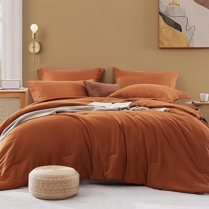 Twin XL Comforter Set- 5 Pieces Burnt Orange Bed in a Bag, All Season Twin XL Bedding Sets with 1 Fitted Sheet, 1 Flat Sheet, 1 Pillow Sham and 1 Pillowcase