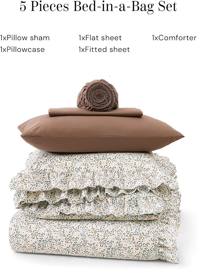 Twin XL Comforter Set-5 Pieces Floral Ruffle Bedding Set | Beige Ditzy Bed in a Bag, Soft Lightweight All Season Farmhouse Twin XL Bedding Set with Sheets, Pillowcases & Shams