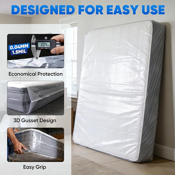 TICONN 2PK Plastic Mattress Bags for Moving, Waterproof Mattress Cover | 3D Gusset Design, Tear Resistant & Dust Protection, Multiple Sizes /Thickness Options, Reusable Mattress Protector